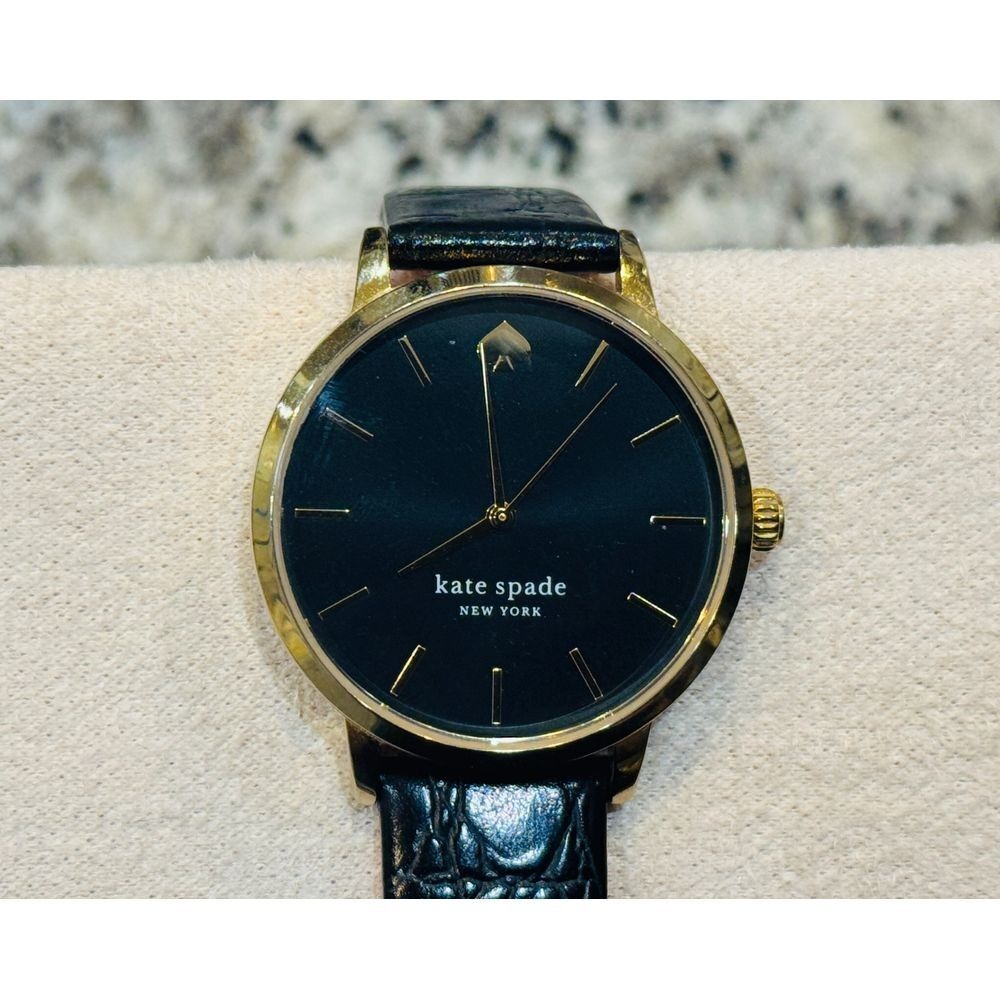 Kate Spade New York Classic Gold Watch with Navy Face and Black Leather Band